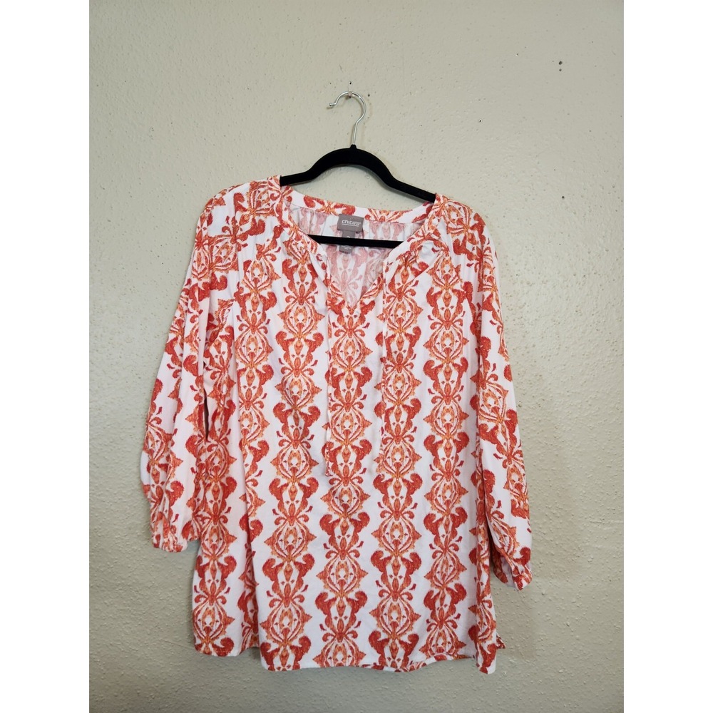 Chico's Women's Orange White Spilt V-Neck Contrast Medallion Blouse Size Large
